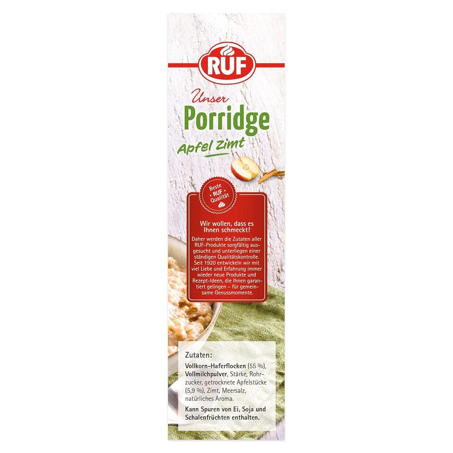 RUF Porridge Mela Cannella, con fiocchi d'avena integrali, finissimo aroma di cannella e pezzetti di mele essiccate, 400 grammi Cereale Naty Shop