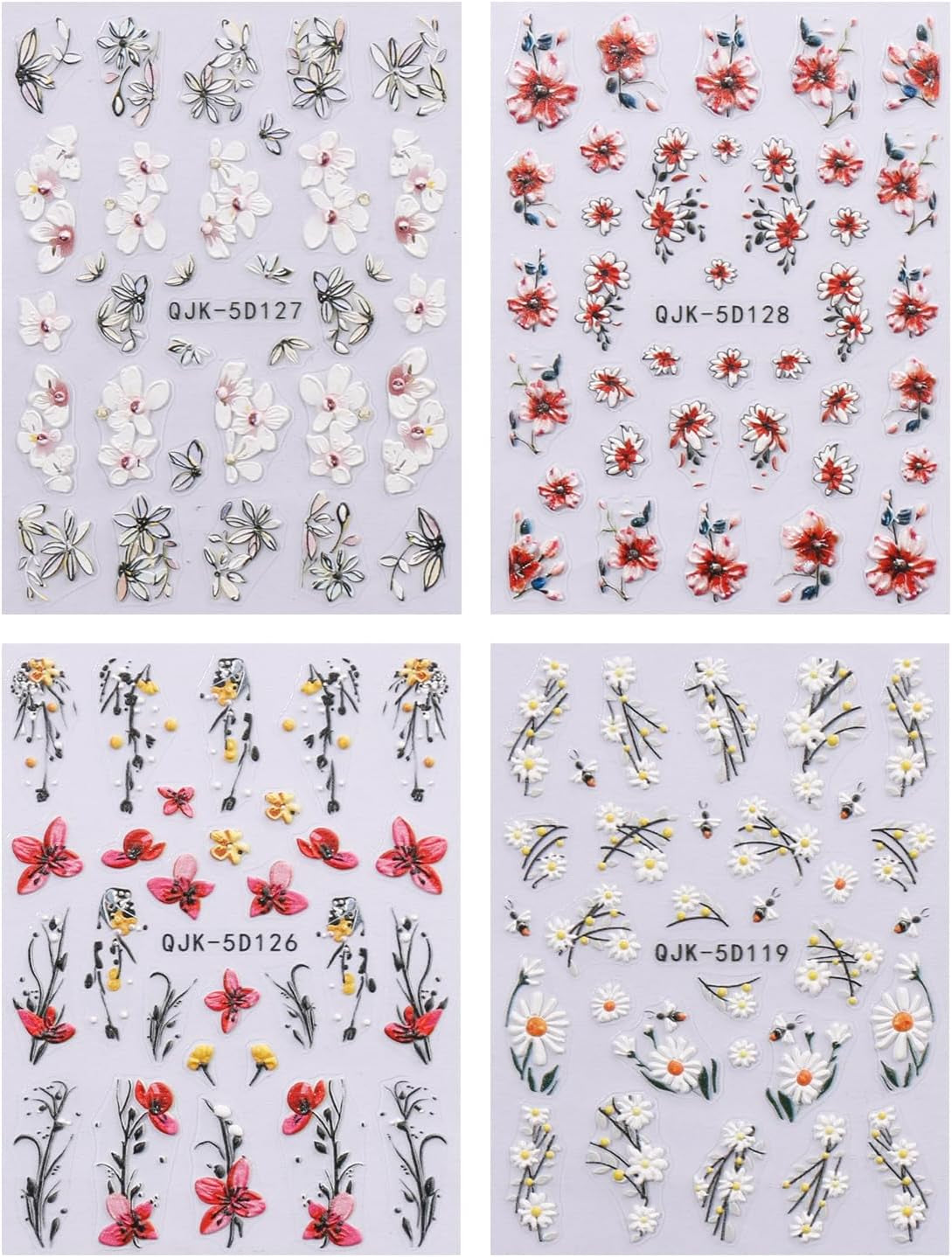 JMEOWIO 3D Nagelsticker Blumen Nail Art Sticker Selbstklebend Nagelaufkleber 5D Stereoscopico Frühling Sommer Dekoration Nageldesign Zubehör 4 Blatt