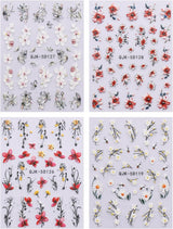 JMEOWIO 3D Nagelsticker Blumen Nail Art Sticker Selbstklebend Nagelaufkleber 5D Stereoscopico Frühling Sommer Dekoration Nageldesign Zubehör 4 Blatt