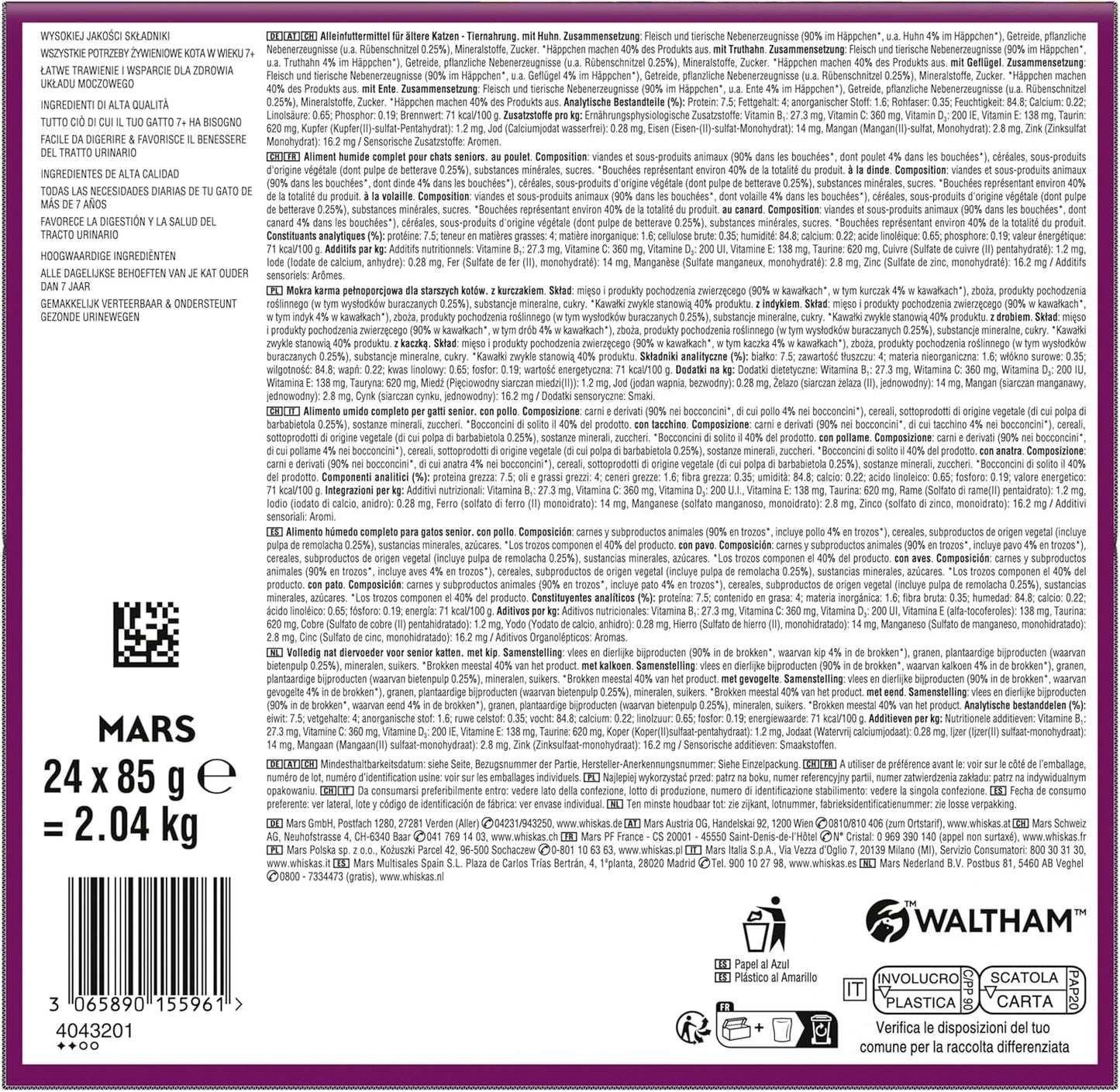 Whiskas 7+ Cibo umido per gatti Selezione di Pollame in Salsa 24 x 85 g (2 Confezioni) - Cibo umido di alta qualità a partire da 7 anni in 48 buste da porzione