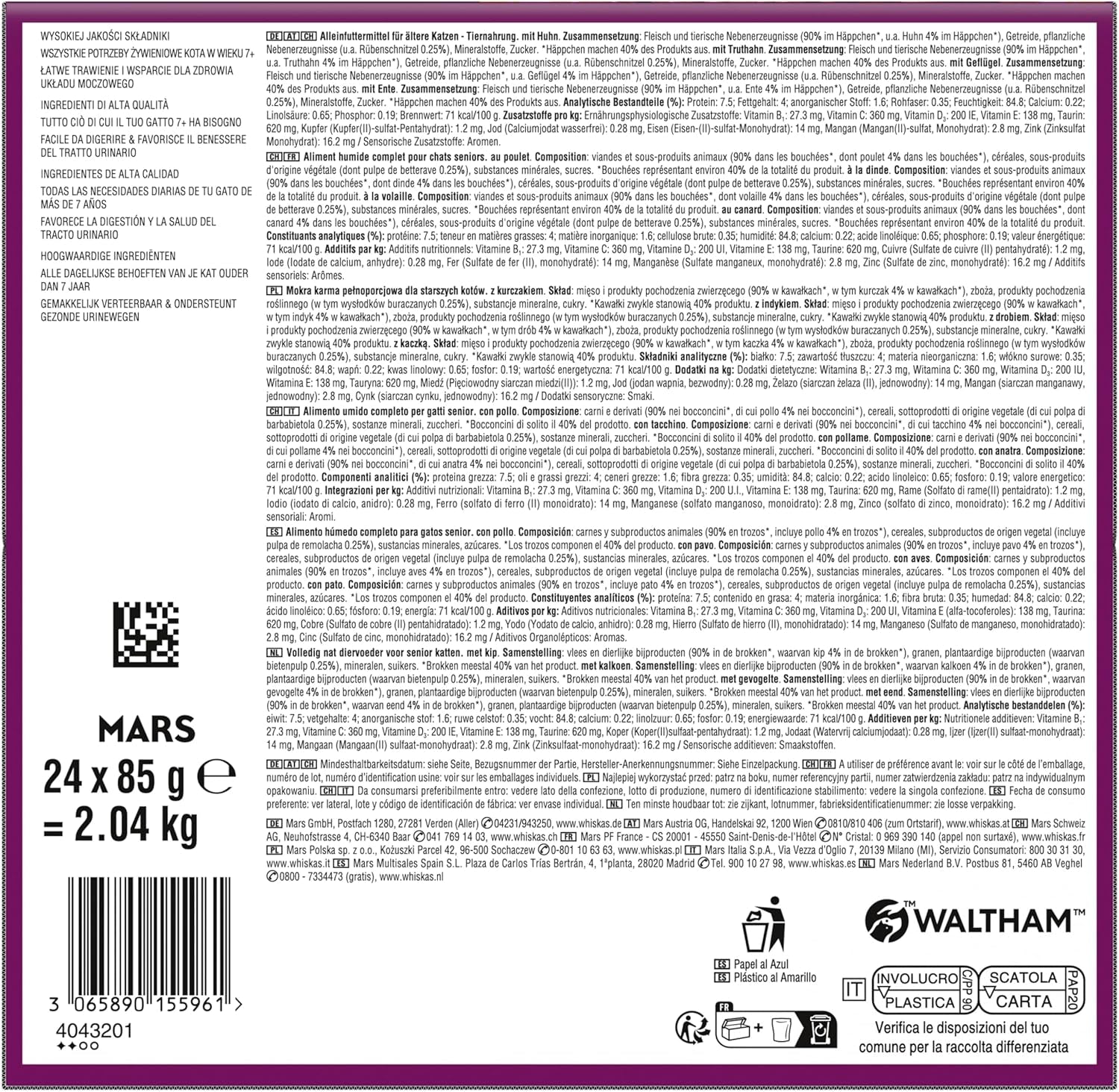 Whiskas 7+ Cibo umido per gatti Selezione di Pollame in Salsa 24 x 85 g (2 Confezioni) - Cibo umido di alta qualità a partire da 7 anni in 48 buste da porzione