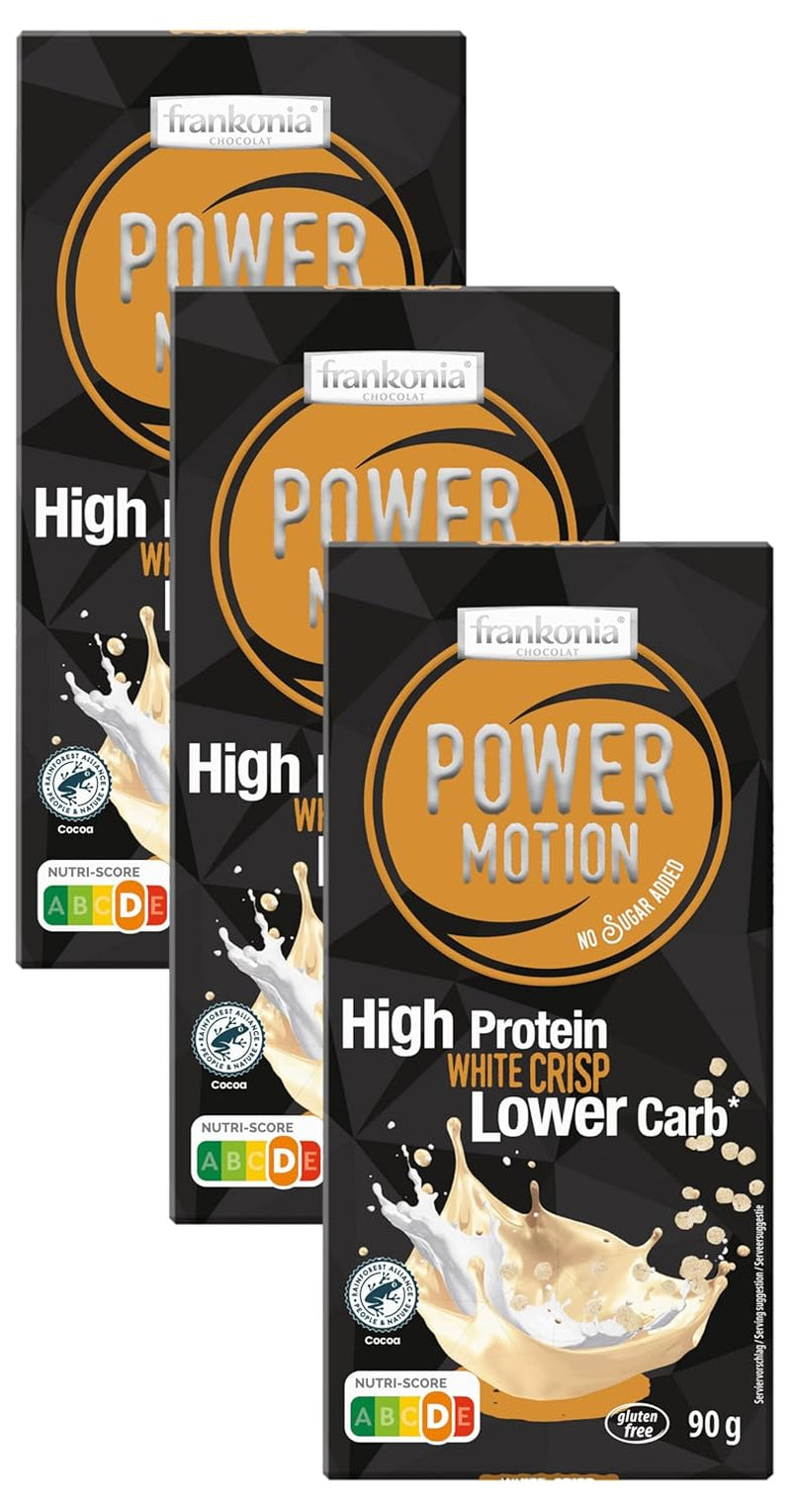 frankonia CHOCOLAT POWER MOTION senza zuccheri aggiunti - Cioccolato bianco croccante ad alto contenuto proteico e a basso contenuto di carboidrati, 90 g