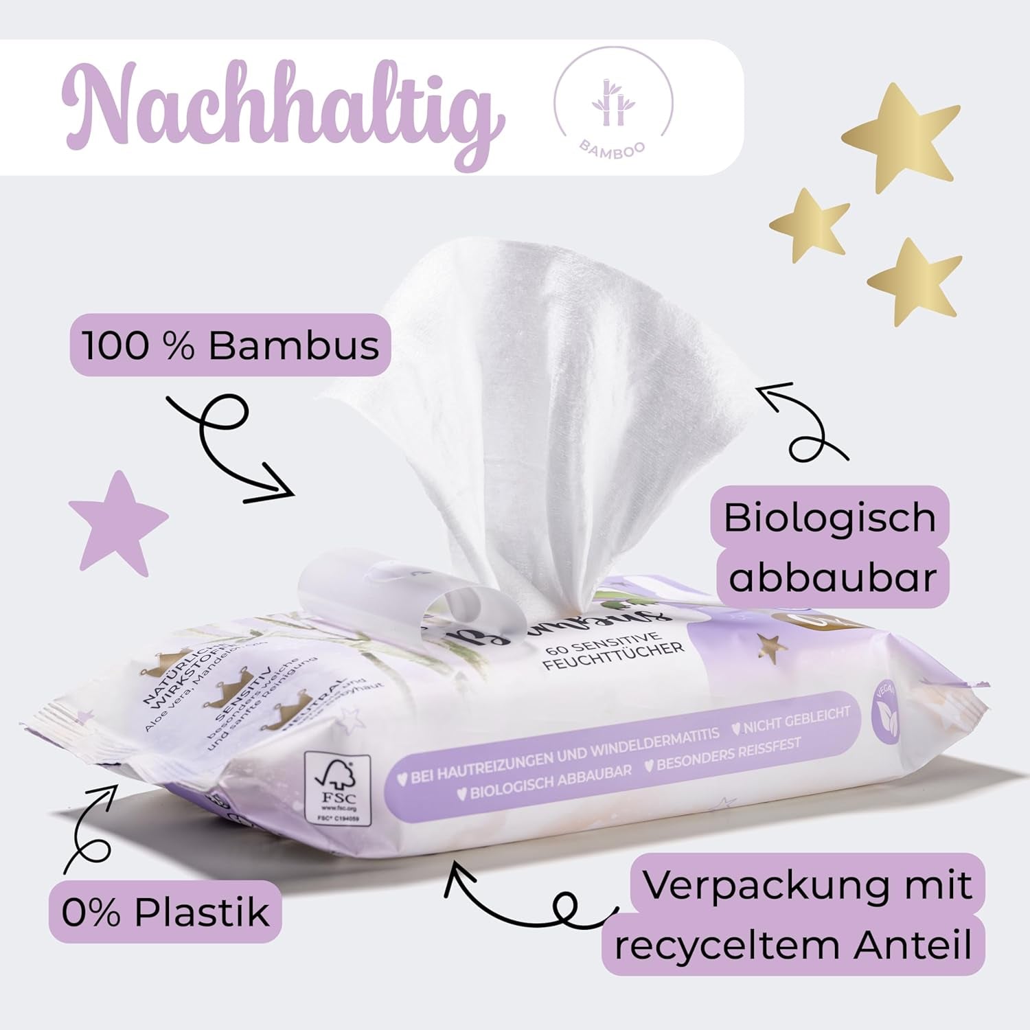 Salviette umidificate Millis Bamboo Baby Sensitive per la pelle delicata del bambino - 5 x 60 pezzi - Pulizia naturale, delicata e sostenibile - Salviette biodegradabili per neonati, senza plastica e senza alcool