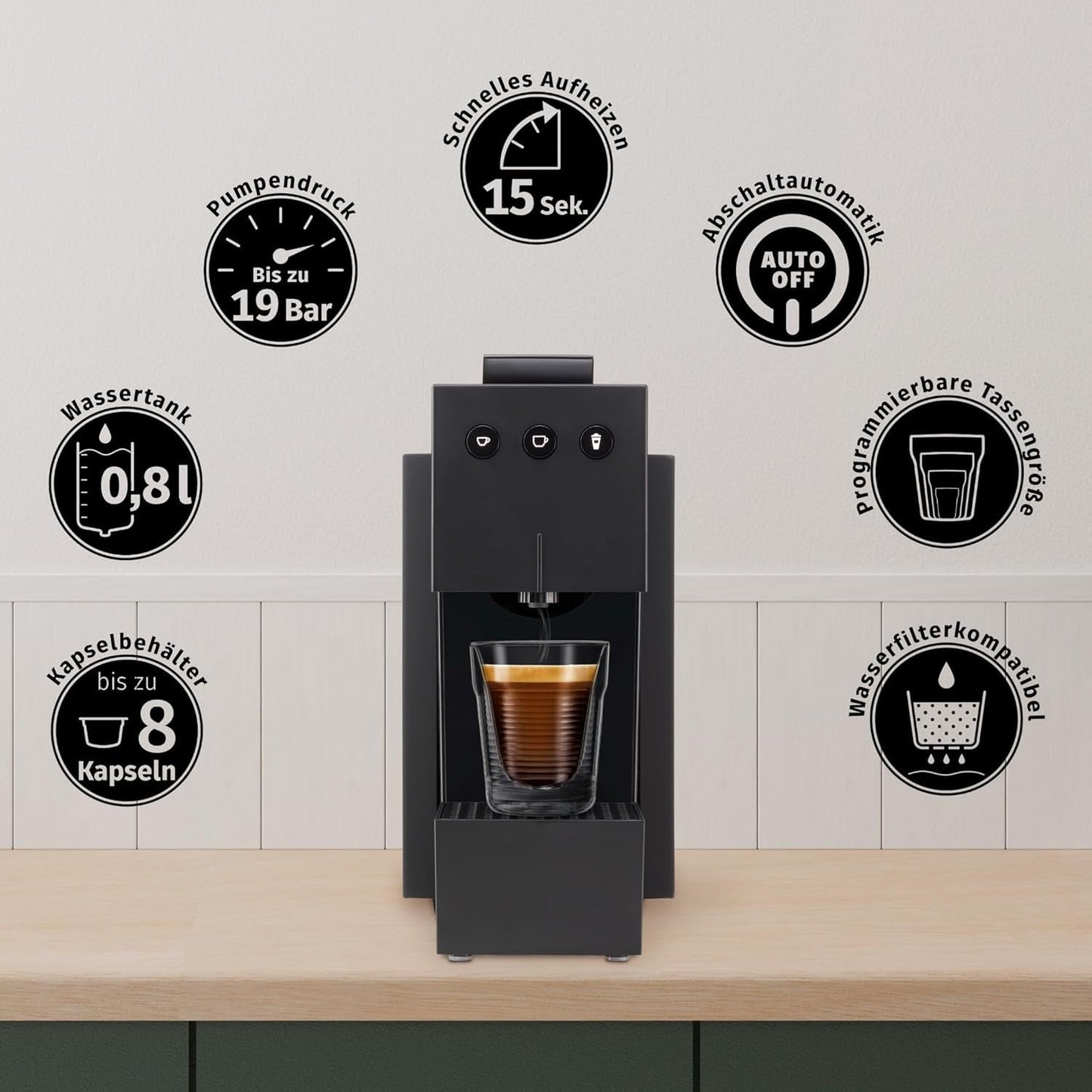 Macchina per caffè espresso con capsule K-FEE SQUARE per caffè, tè e cacao | Espresso compatto | Riscaldamento rapido | Serbatoio dell'acqua da 0,8 l | 19 battute | Pianoforte nero