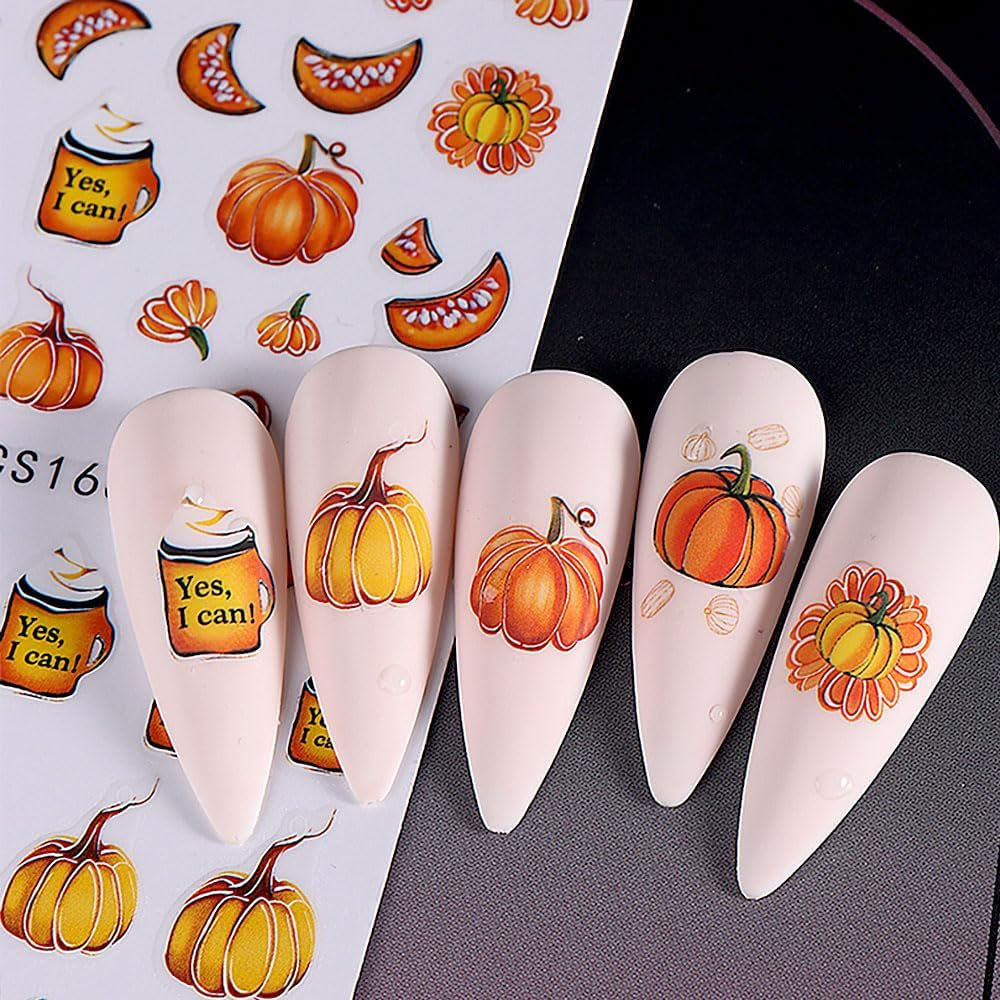 Adesivi per unghie autunnali 3D Adesivi per unghie foglie di zucca Linea geometrica Fiori Adesivi per unghie Design del Giorno del Ringraziamento Adesivi per unghie Autunno Zucca per unghie Accessori per unghie Nail Art