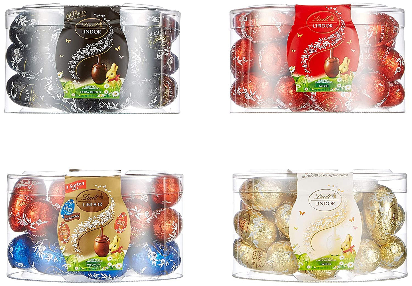 Uova LINDOR con cioccolato Lindt | 4 scatole da 450 g ciascuna | Oua LINDOR con l'abbondanza che vedi in cima, il tuo cioccolato con le labbra, l'alba, la neve e con l'alune | Cioccolato pasquale | Regalo di cioccolato | Uova di Pasqua | Uova di cioccolato