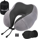 WELLGRO Set Cuscini per Collo con Mascherina per Dormire 3D e Tappi per Le Orecchie - Fodera Rimovibile - Memory Foam - Chiusura con Cerniera - Include Custodia - Cuscino da Viaggio - Colore Selezionabile, Colore:Grigio Naty Shop Cuscini Cervicali Ortopedici Grigi