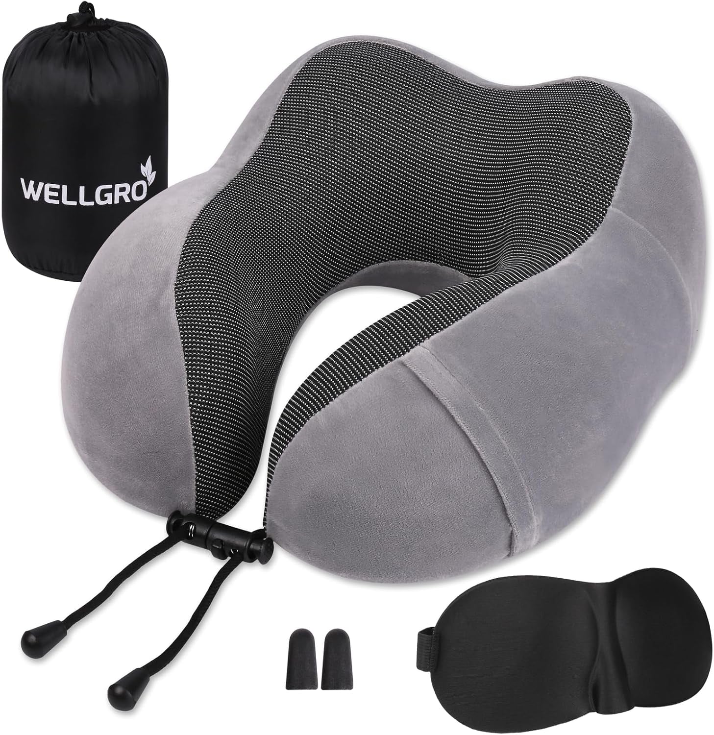 WELLGRO Set Cuscini per Collo con Mascherina per Dormire 3D e Tappi per Le Orecchie - Fodera Rimovibile - Memory Foam - Chiusura con Cerniera - Include Custodia - Cuscino da Viaggio - Colore Selezionabile, Colore:Grigio Naty Shop Cuscini Cervicali Ortopedici Grigi