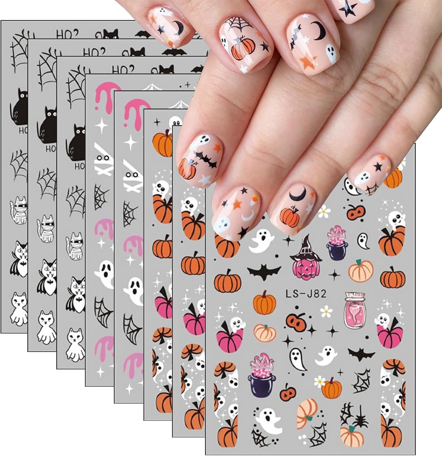 Nagelsticker Halloween, 8 Blätter Halloween Nagelsticker, Kürbis Nail Sticker, Nail Art, Nagel Charms, Nagel Zubehör, Nageldesign, Natale (tipo A)