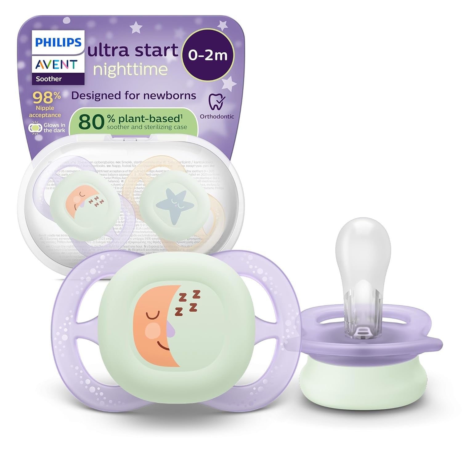 Philips AVENT Ciuccio Ultra Start Night, Ciuccio ortodontico per neonati, Si illumina al buio, Senza BPA, con contenitore per sterilizzazione, Confezione doppia, Luna, Stella, SCF075/07
