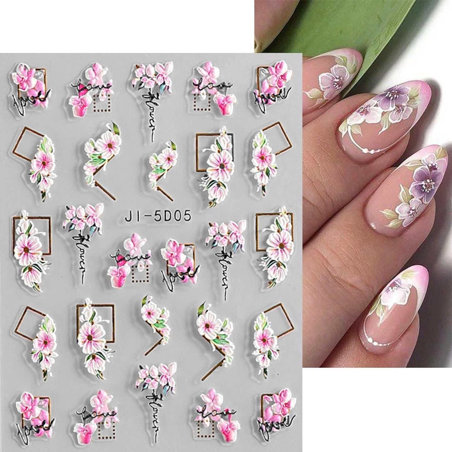 JMEOWIO 3D Nagelsticker Frühling Blume Nail Art Sticker Selbstklebend Nagelaufkleber 5D Stereoscopic Buntes Sommer Blumen Dekoration Nageldesign Zubehör 4 Blatt
