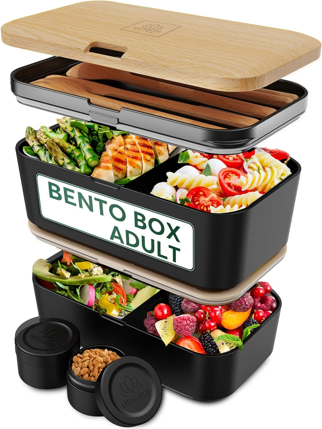 Umami Lunch Box per Adulti, Bento Box impilabile a tenuta stagna con 4 posate e scomparti, Lunch Box per adulti, Contenitore per insalata da asporto, Lunch Box per picnic/ufficio, Grigio antracite, 1500 ml Naty Shop Scatole per alimenti in faggio nero - 1500 ml L - 1500 ml impilabili l'uno dentro l'altro