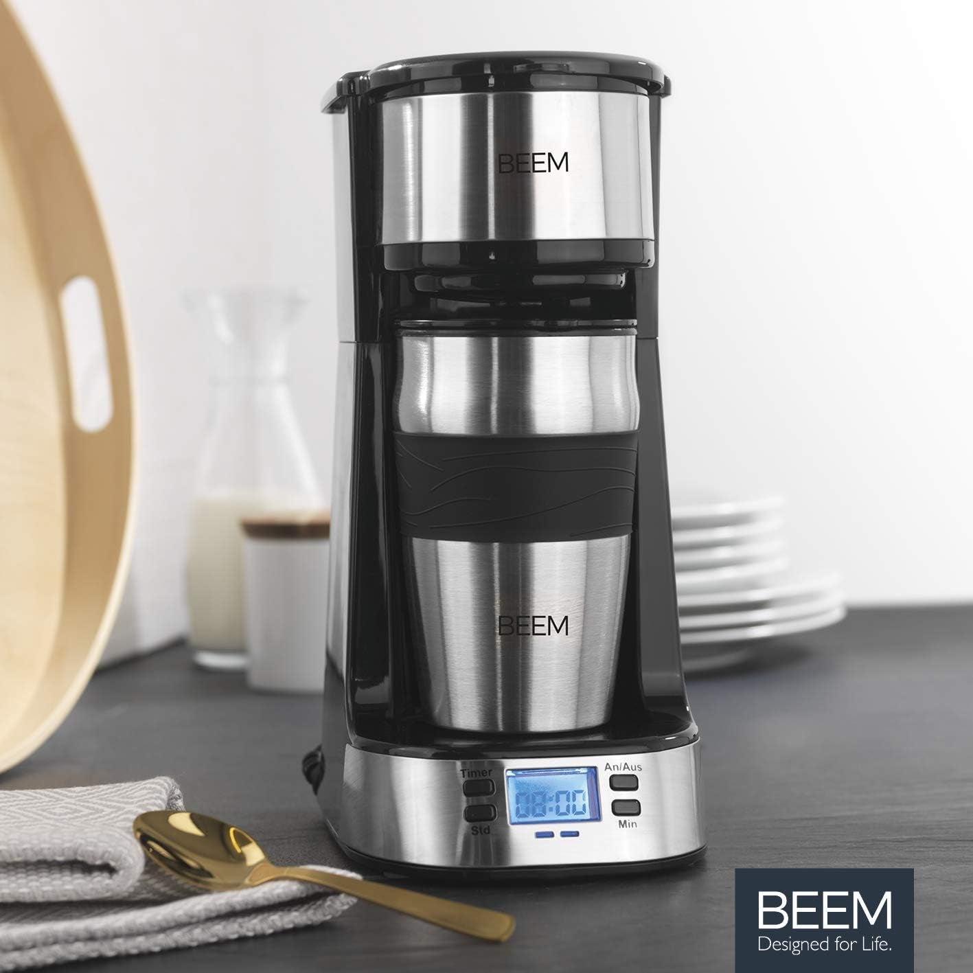 Macchina per caffè espresso BEEM THERMO 2 GO a filtro singolo con tazza termica da 0,4 l | Filtro permanente | Con timer 24 ore per una tazza di caffè caldo al mattino, senza attese | 750 W