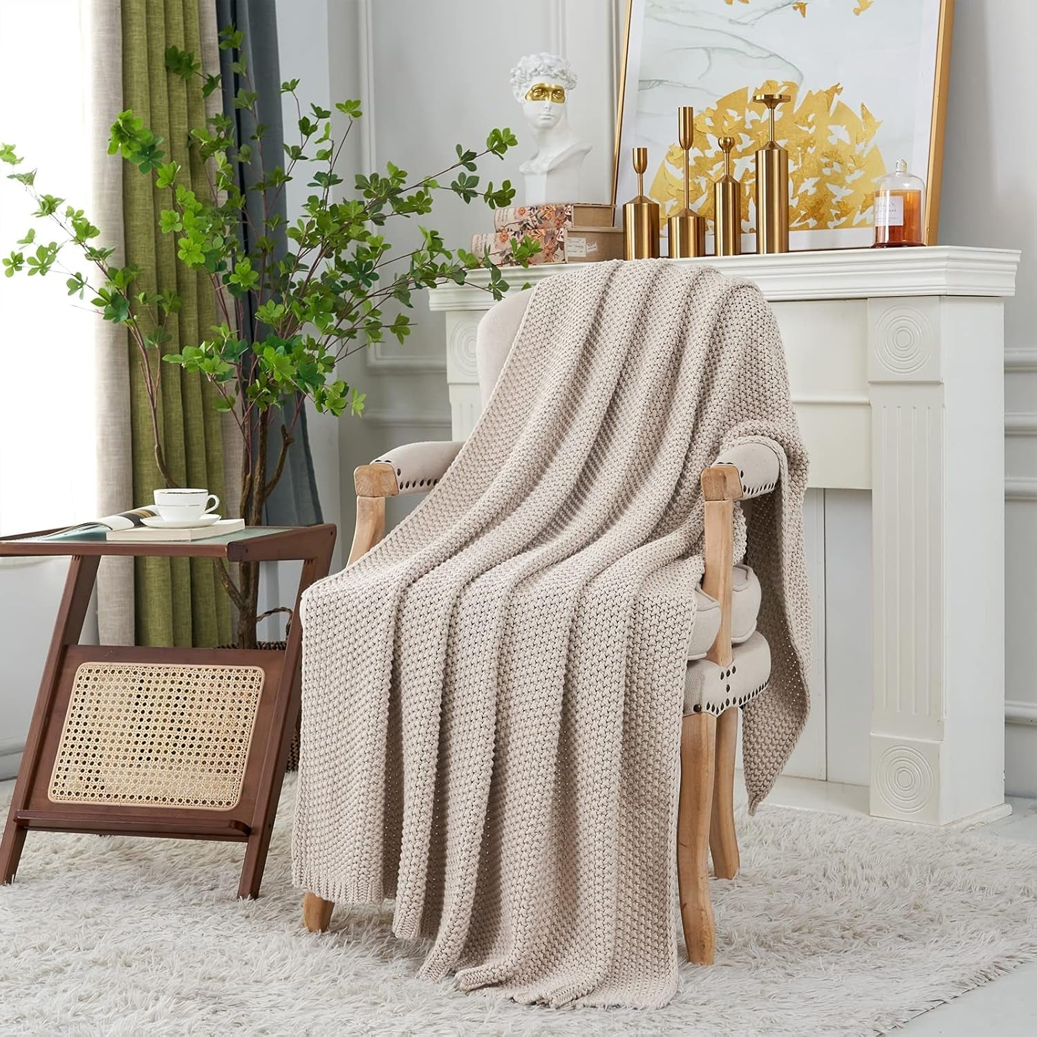 Coperta in maglia grossa, Leggera, Beige, 100% cotone biologico, Coperta per divano, divano, letto, bambino, cameretta dei bambini, Rustico, Shabby chic, Fattoria moderna, 152,4 X 203,2 cm, Incluso sacco per la biancheria Letti e coperte Biancheria da letto Longhui