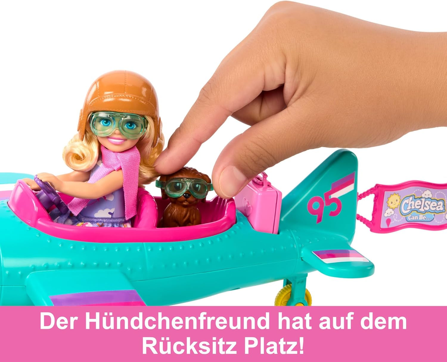 Chelsea Barbie Doll Aeroplano e Playset - Bambola pilota, aeroplano, cucciolo e accessori per favole, ruote girevoli ed eliche di fiori, dai 3 anni in su, HTK38