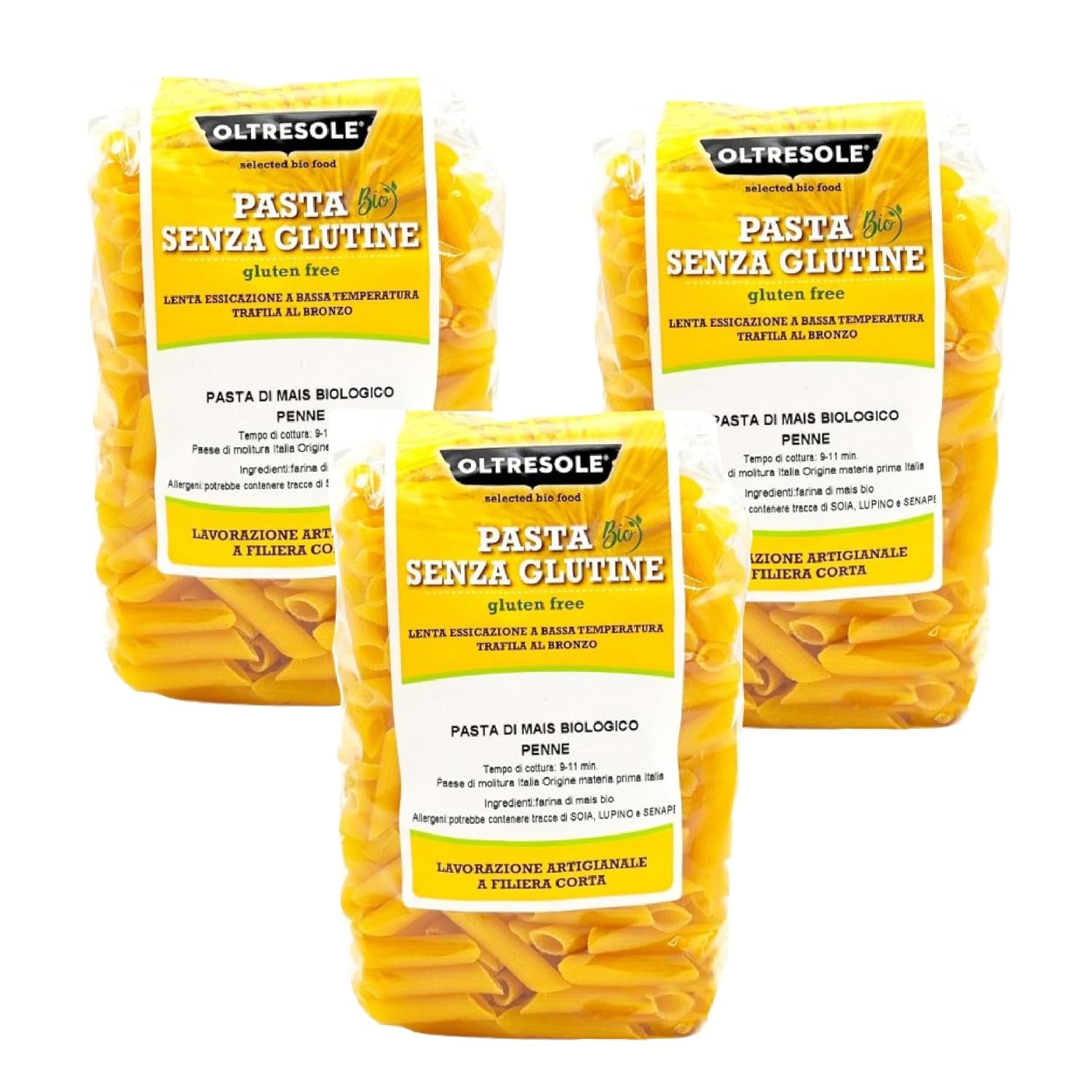 - Pasta di Mais Gialla Biologica Italiana Senza glutine, formato Penne - pasta senza glutine, farina di mais gialla 100% biologica, vegana, confezione da 3 confezioni da 350 g