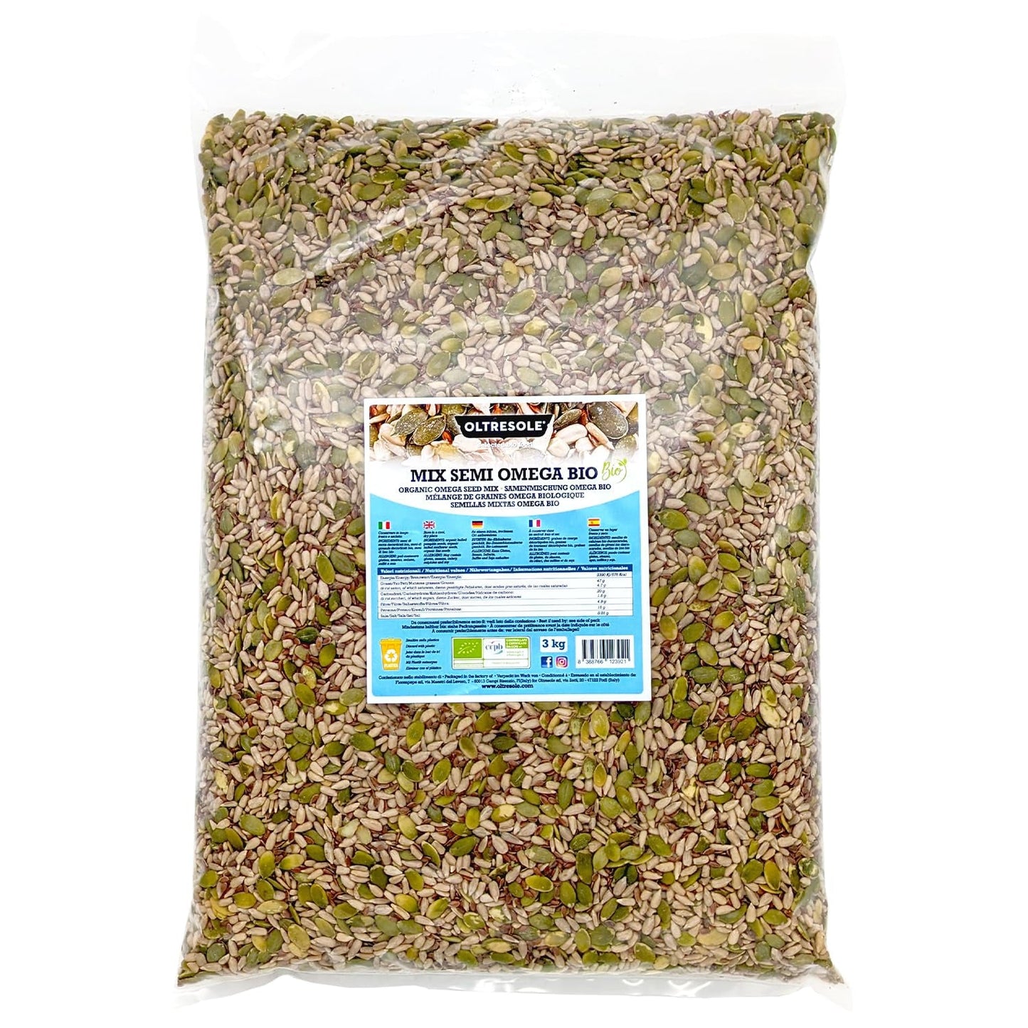 Organic Omega Seed Mix 3 kg (miscela di semi di zucca, girasole e lino), una miscela di 3 semi oleosi interi crudi, ricchi di proteine, fibre e acidi grassi omega-3
