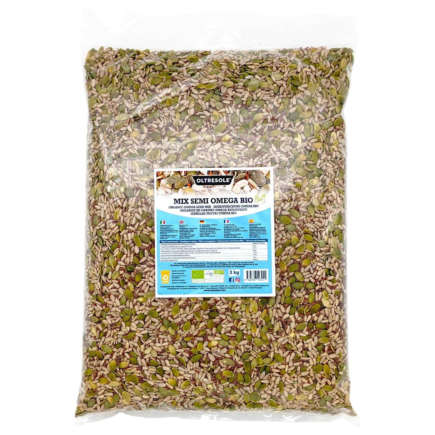Organic Omega Seed Mix 3 kg (miscela di semi di zucca, girasole e lino), una miscela di 3 semi oleosi interi crudi, ricchi di proteine, fibre e acidi grassi omega-3