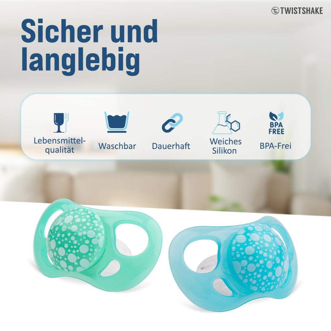 Ciucci per bambini Twistshake – Confezione da 2 | Forma ortodontica | Ultraleggero | Tettarella in morbido silicone | Senza BPA | Adatto a bambini dai 6 mesi | Blu Verde