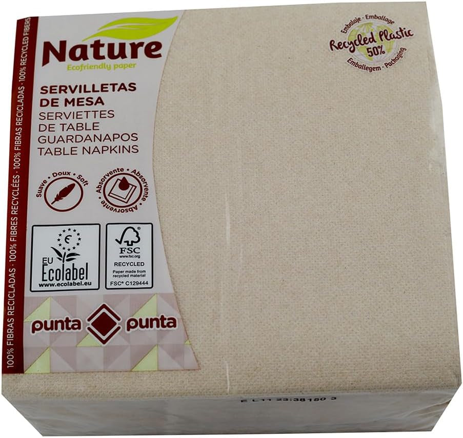 Tovaglioli in carta riciclata, 2 veli, ecologici, 100% fibre riciclate, 50% imballaggio in plastica riciclata, 33 X 33 Cm.