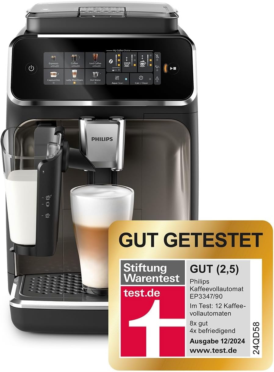 Macchina per caffè espresso automatica PHILIPS serie 3300 - 6 bevande, moderno touch screen a colori, sistema di preparazione del latte LatteGo, SilentBrew, macinacaffè 100% ceramica, filtro AquaClean. Cromo Nero (EP3347/90)