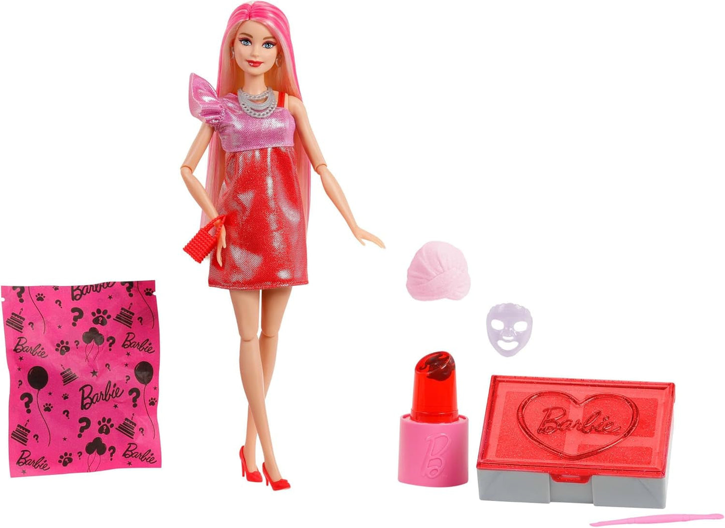 Bambola Barbie Party senza scatola e accessori, serie Glam Party con 10 sorprese, inclusa una bambola rosso vivo con effetto cambia colore, JFY68