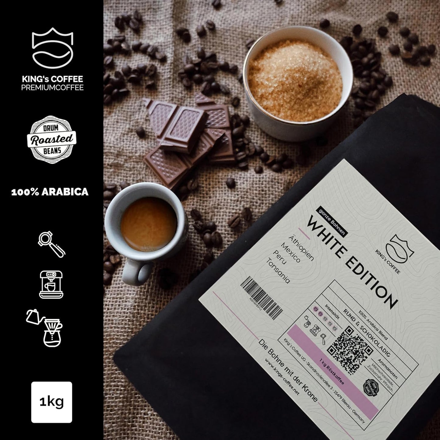 KING'S COFFEE - WHITE EDITION - miscela leggera 100% Arabica da Etiopia, Messico, Perù e Tanzania - torrefazione in piccoli lotti in Italia - caffè espresso in grani interi per macchine portafiltro - 1 kg