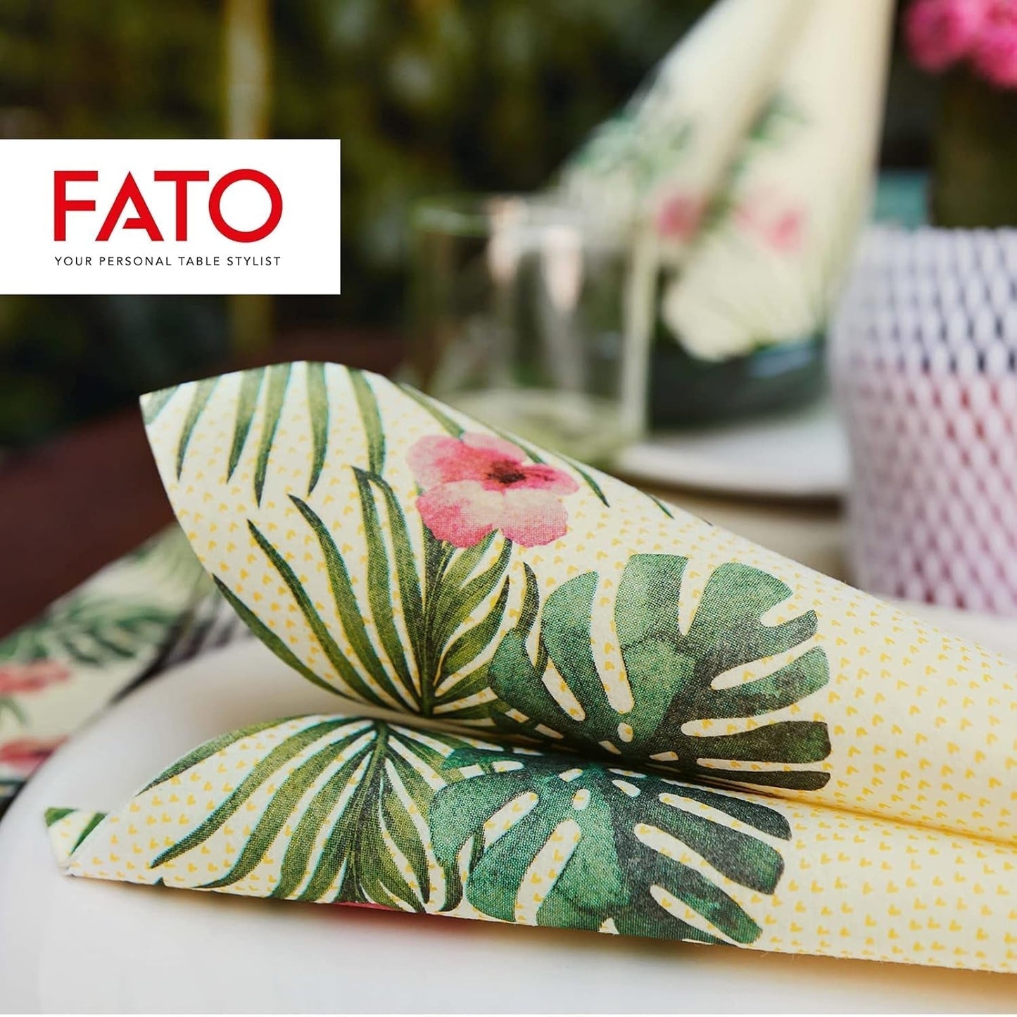 Fato - Tovaglioli carta dry, airlaid, effetto tessuto, confezione da 50 tovaglioli, 40X40 piegati in 4 formati, Decoro Tropicana