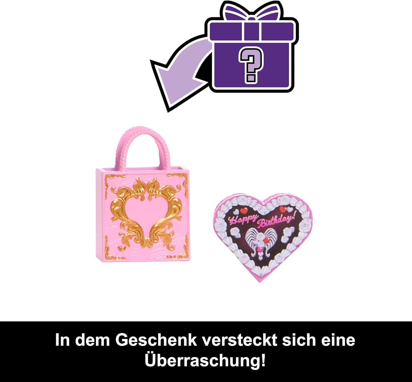 Monster High Scary Sweet Birthday Cupido Asteria bambola in abito da festa rosa e rosso con accessori a tema come invito, palloncino, regalo e altro, JBG77
