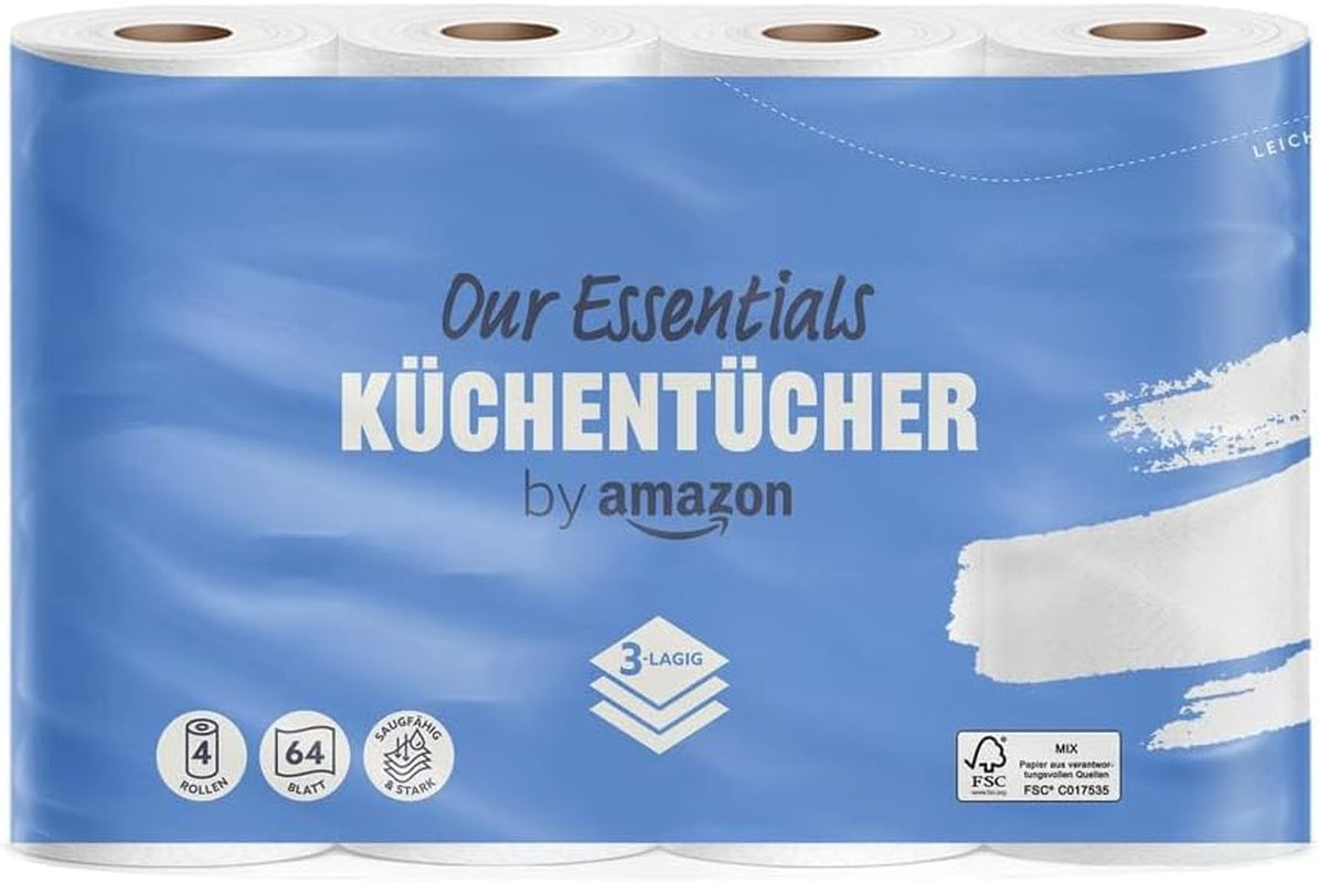 By Amazon Carta da cucina, 3 veli, 16 rotoli (4 rotoli, confezione da 4), 64 fogli per rotolo, certificato FSC