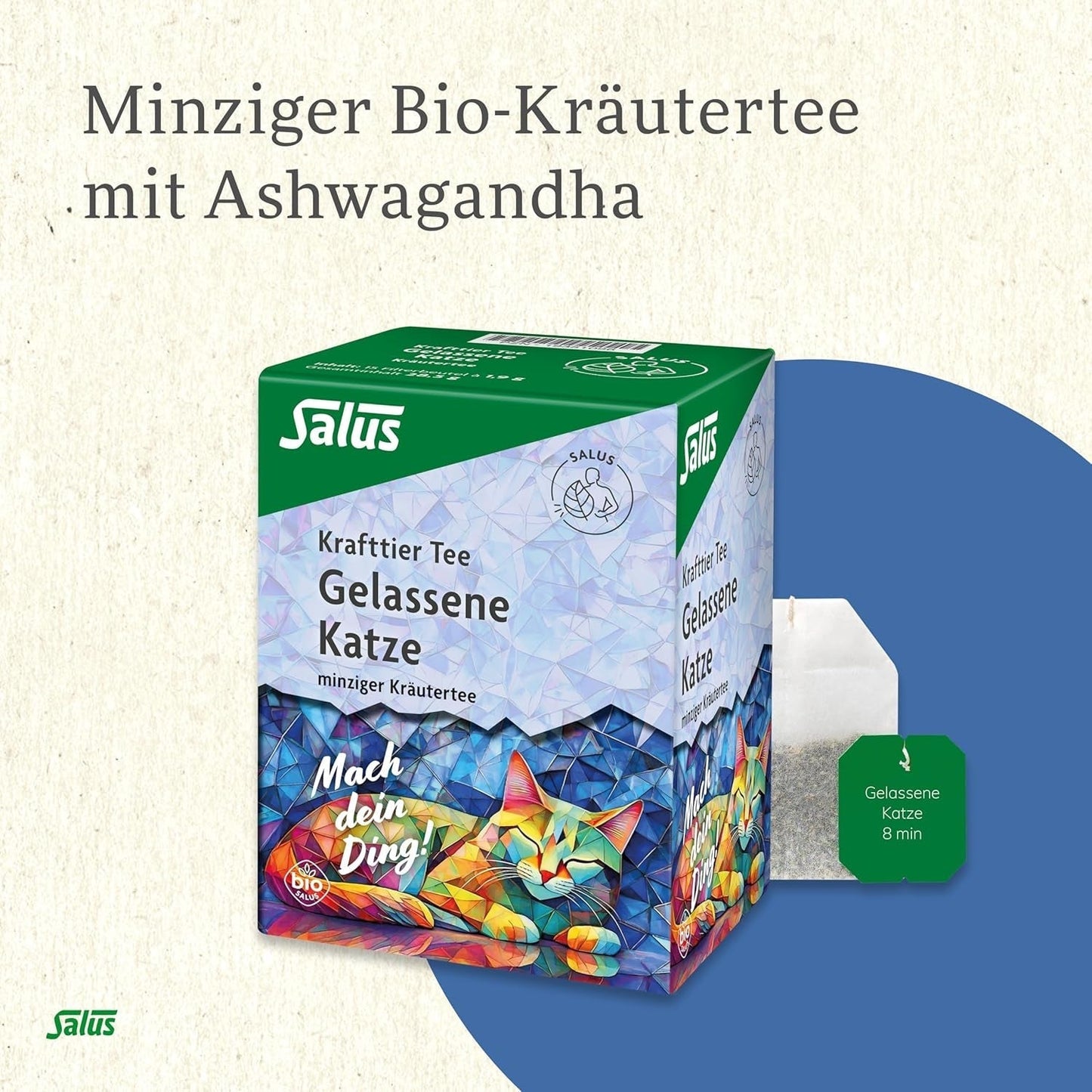 Salus - Krafttier Tea - The Quiet Cat - 1X 15 sacchetti filtro (28,5 g) - Tisana alla menta con Ashwagandha - Biologico