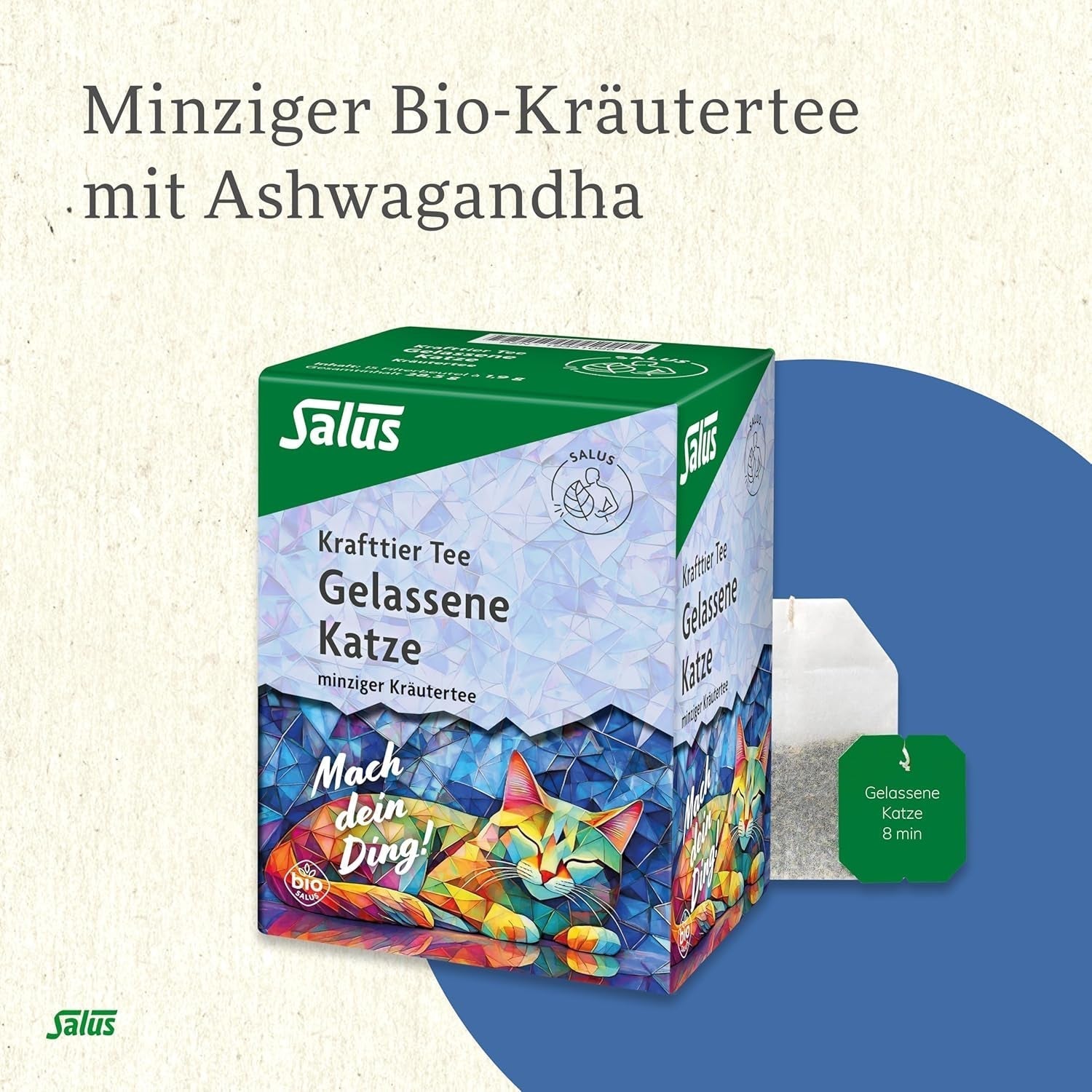 Salus - Krafttier Tea - The Quiet Cat - 1X 15 sacchetti filtro (28,5 g) - Tisana alla menta con Ashwagandha - Biologico