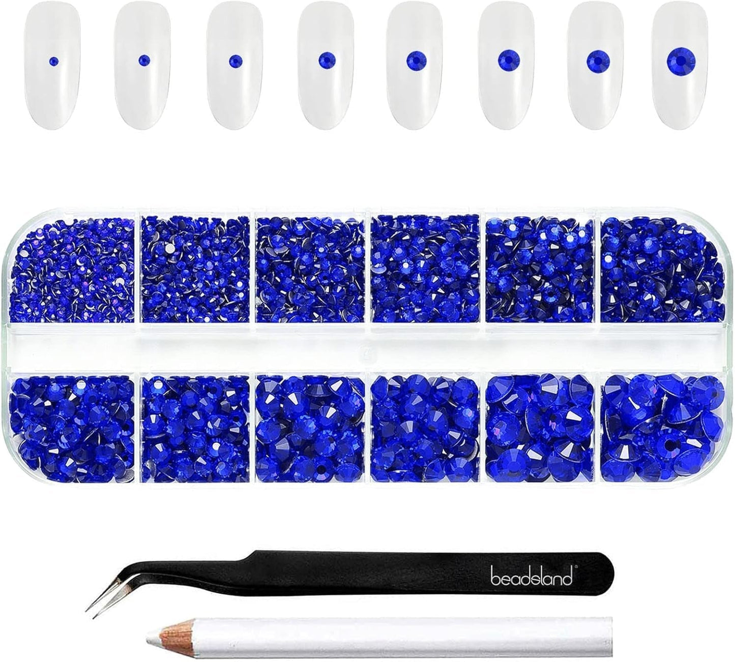 Beadsland 2500 pezzi di vetro per nail art strasssteine ​​​​Kristall Flatback Edelsteine ​​​​Runde, ​​für Handwerk Gemischt 8 Größen SS4 ~ SS30 con picking Pinzette e Stift (Kristall Weiss)