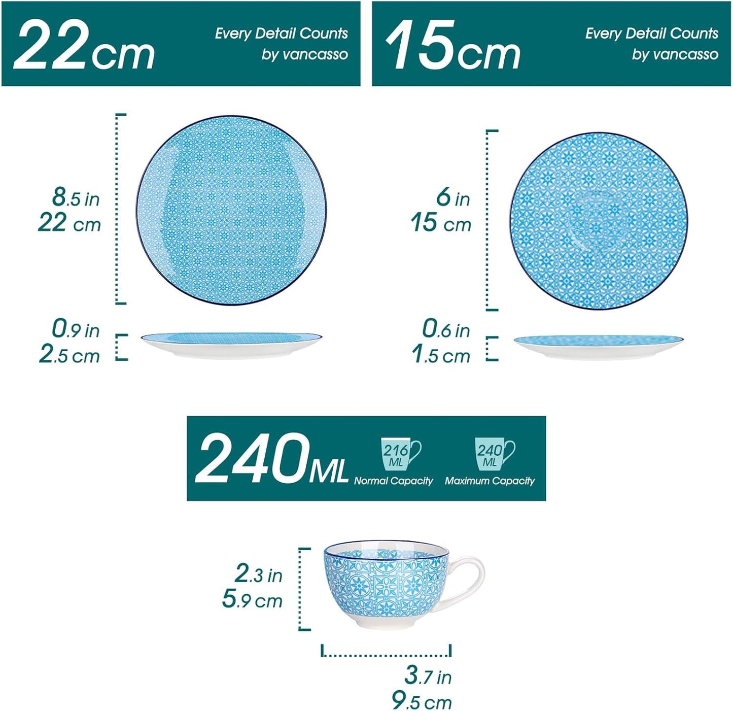 Vancasso Macaron Servizio da Caffè in Porcellana, Servizio da Caffè Colorato da 12 Pezzi per 4-12 Persone, Set Tazze, Include Tazzine da Caffè, Piattini e Piattini da Dessert