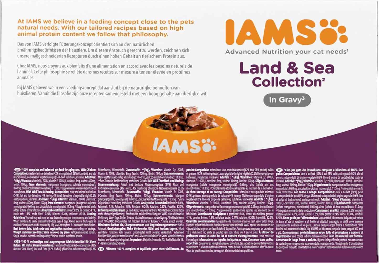 IAMS Delights Cibo umido per gatti anziani - Confezione multipla con pollo e pesce in salsa, cibo umido di alta qualità per gatti di età superiore a 7 anni, 12 x 85g