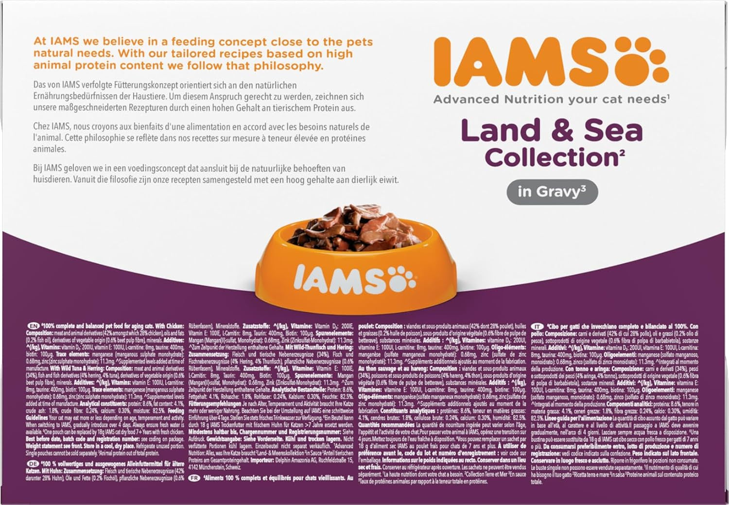 IAMS Delights Cibo umido per gatti anziani - Confezione multipla con pollo e pesce in salsa, cibo umido di alta qualità per gatti di età superiore a 7 anni, 12 x 85g