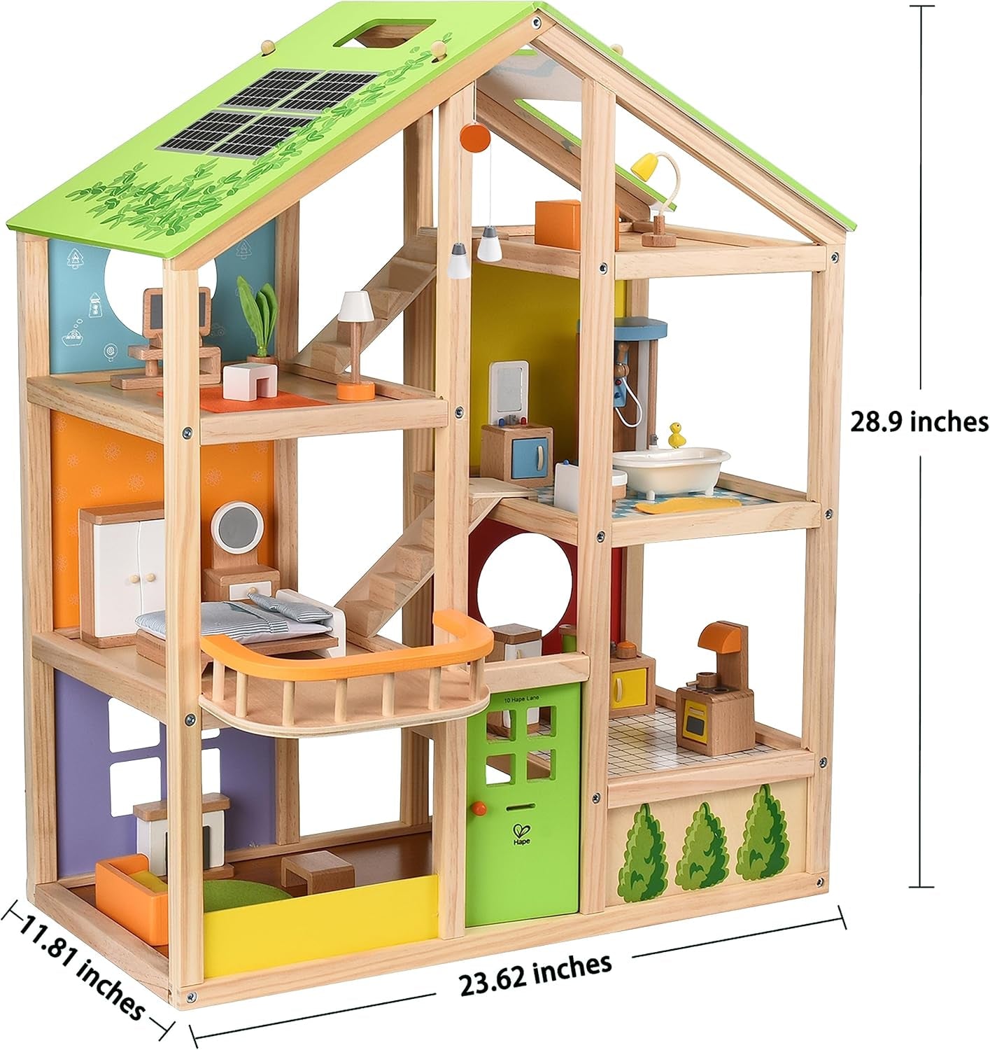 Casa delle bambole in legno Hape Four Seasons Pluripremiata casa delle bambole a tre piani con mobili, accessori, scale mobili e tetto reversibile per ogni stagione Case delle bambole Naty Shop
