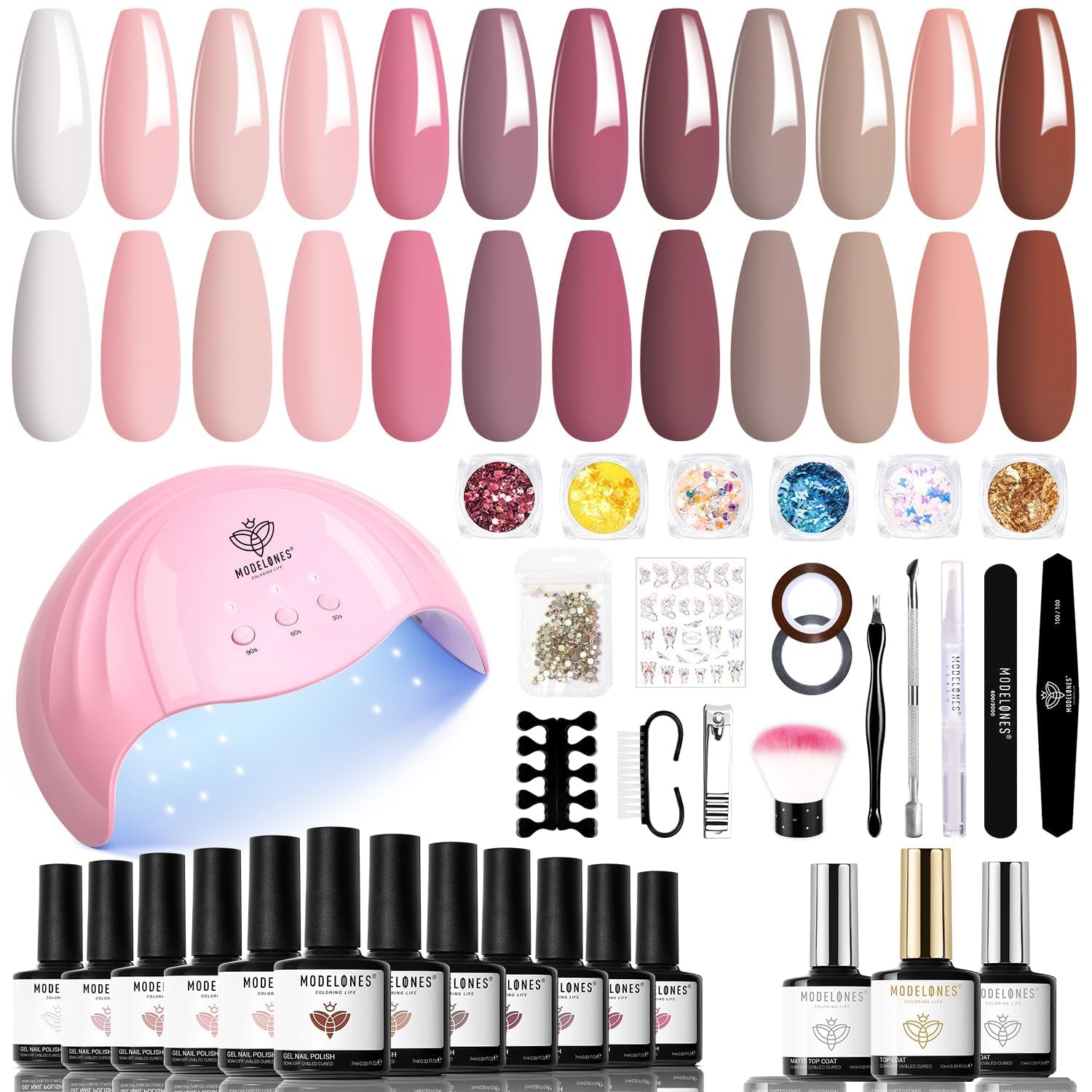 Modelones Set Smalti Gel per Unghie 35 Pezzi, Set Smalti Gel UV con Lampada da 48 W, Set Smalti Gel per Unghie Nude Marrone Bianco Rosa, Set Smalti Gel UV con Base Top Coat Set per Unghie