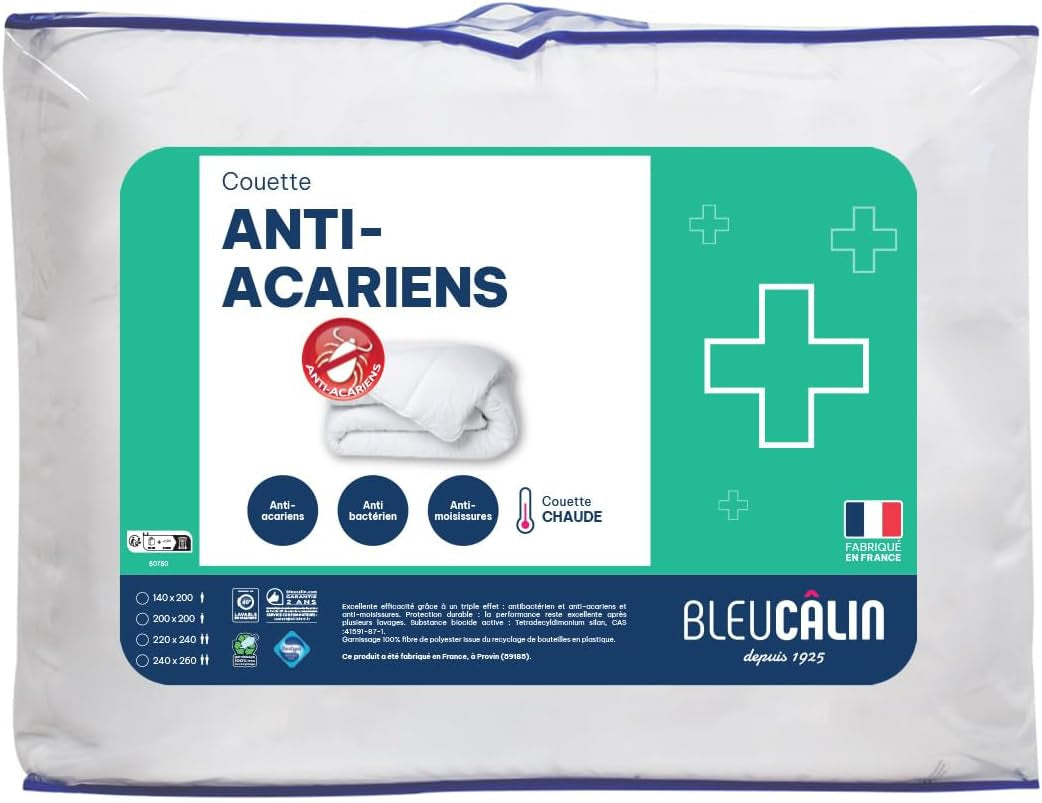 Piumino antiacaro Bleu Calin 140X200 Cm, Per letto singolo, Rivestimento in morbida microfibra, Trattamento Sanitized Piumini e Trapunte Naty Shop 260 X 240 Cm