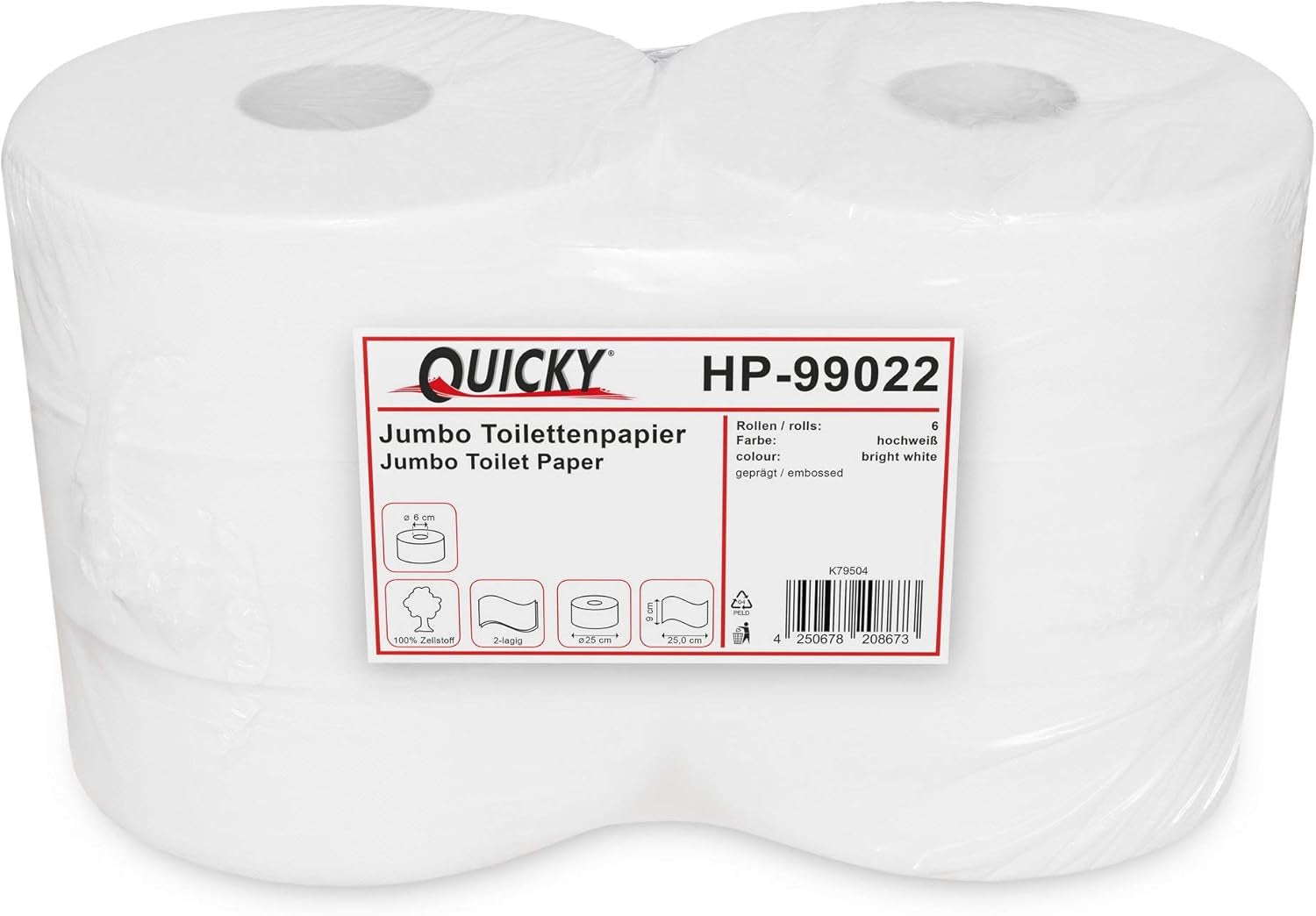 Carta Igienica Quicky Jumbo 2 Veli, Ø 25 cm, Bianco Brillante, Goffrata Puntini Fini, 6 Rotoli - assorbente e antistrappo per la massima igiene, ideale per enti pubblici e industria