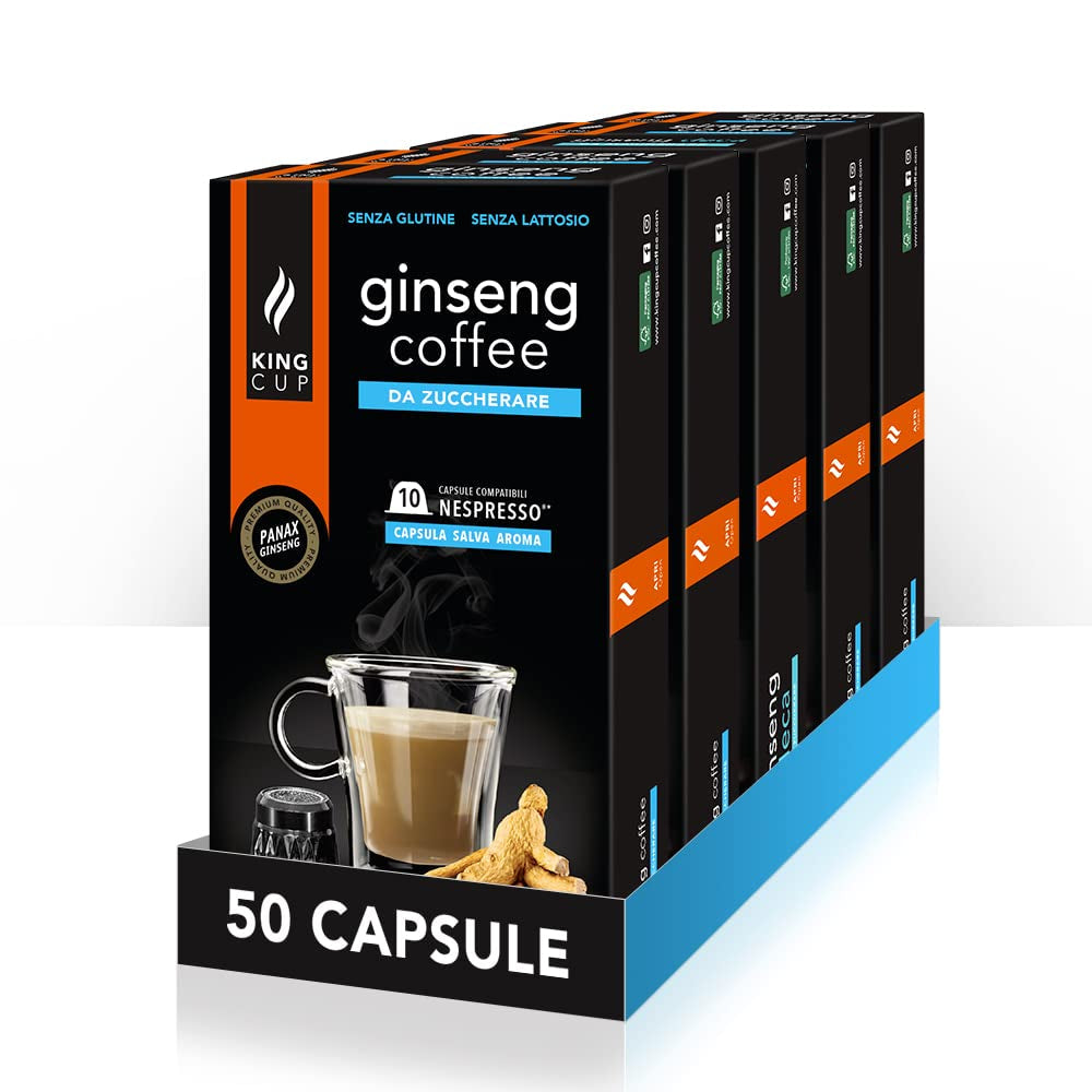 - 5 confezioni con 10 capsule di ginseng Zuckerfreier, 50 capsule compatibili al 100% con il sistema Nespresso di Ginseng Drink, senza glutine e senza lattosio.
