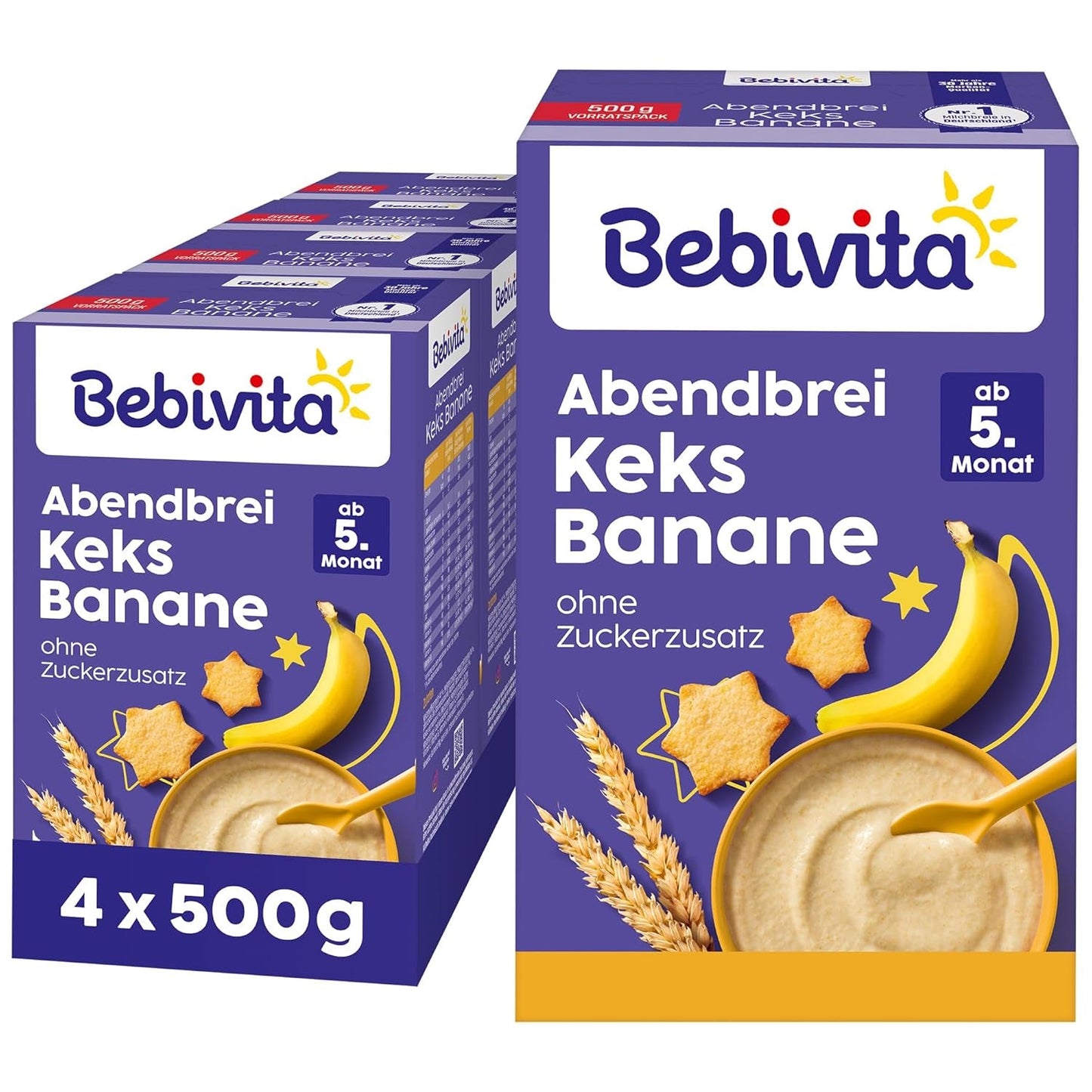 Porridge serale con biscotti e banane (4x500g), porridge di latte di 5 mesi, senza zuccheri aggiunti, con preziosi minerali e vitamine, molto saziante