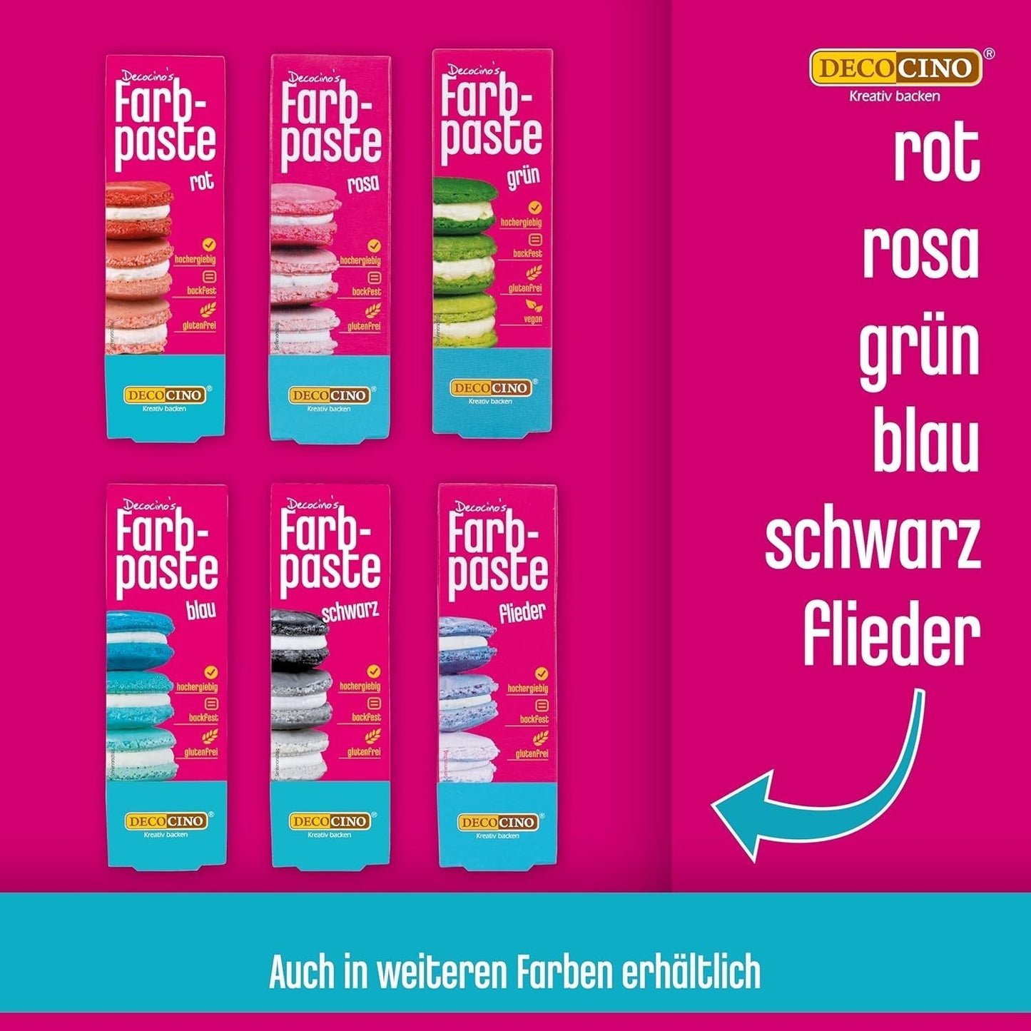 Set 6 paste coloranti Decocino - 6 x 20 g - Colorante alimentare rosso, rosa, verde, giallo, blu e nero, ideale per colorare torte, fondente e creme - Azo-free e senza glutine
