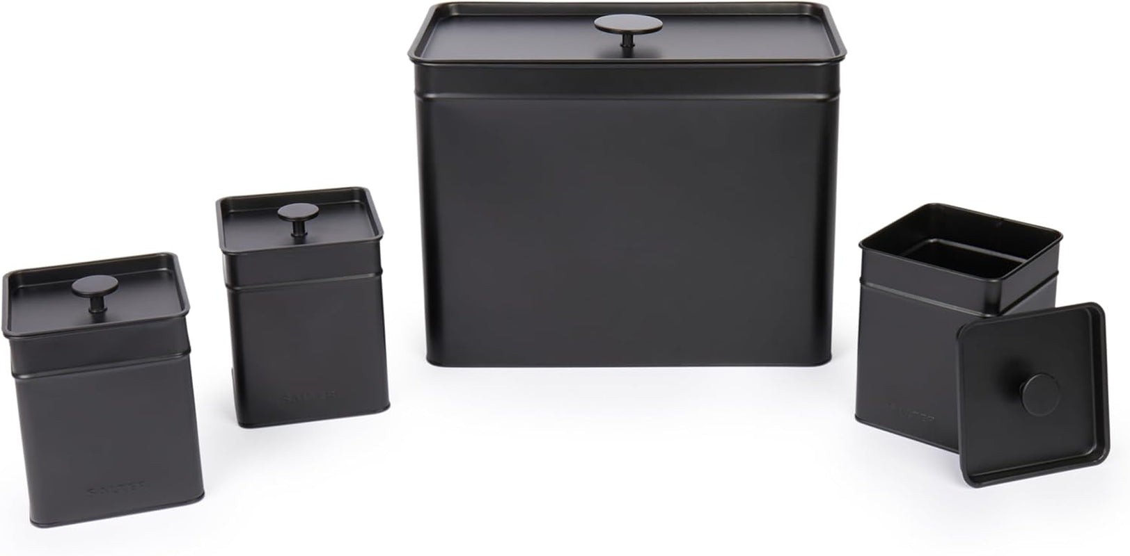Salter BW12614EU7 Set contenitori Kuro - 4 contenitori da cucina Scatole organizer quadrate per pane/tè/caffè/zucchero, facili da pulire, per conservare gli alimenti freschi Scatole nere per alimenti Naty Shop