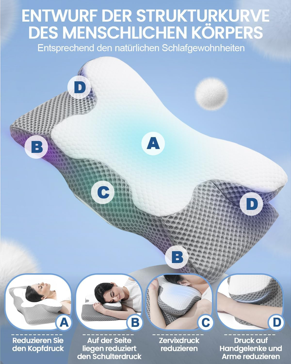 Cuscino per il collo 2 in 1 Cuscino in memory foam Cuscino ortopedico ergonomico Cuscino di supporto per collo a 2 altezze per dormire per supporto laterale/schiena/pancia Cuscini ortopedici cervicali Naty Shop