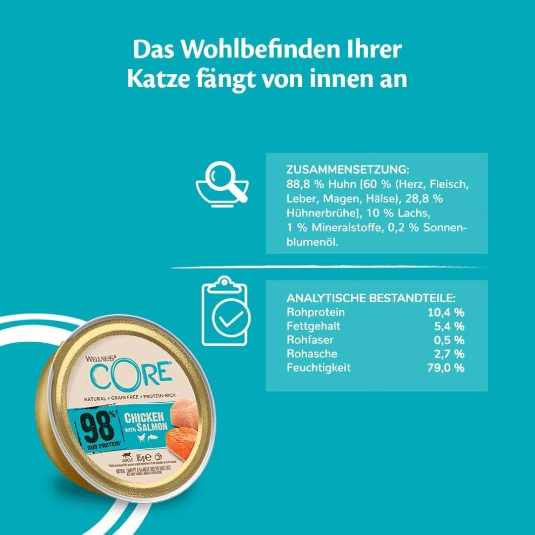 Wellness CORE 98% 12 x 85g, Pollo e Salmone - Cibo umido per gatti, patè denso, senza cereali, naturale, ipoallergenico, ricco di proteine, ricco di carne