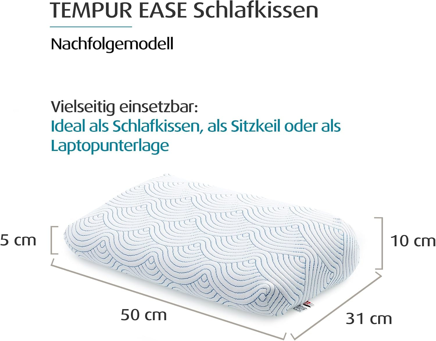 TEMPUR EASE Cuscino per Dormire in Memory Foam, Cuscino di Supporto per il Collo ergonomico per Qualsiasi Posizione del Sonno, Supporto Rigido, 50 X 31 X 10/5 cm, Cuscini Standard Bianco Naty Shop