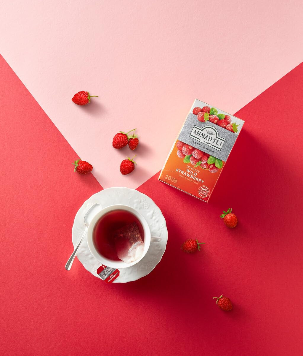 Tè Ahmad - Fragola selvatica - Tisana alla frutta e alle erbe decaffeinato - Fragola - Bustine di tè sigillate confezionate singolarmente con 2 g di tè per porzione - 20 bustine di tè fasciate