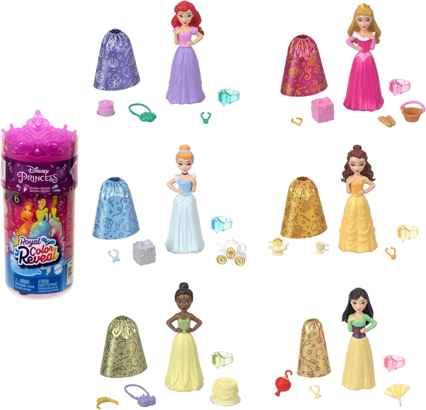 Disney Princess Color Reveal - 6 bambole a sorpresa attivate dall'acqua, accessori, per bambini dai 3 anni in su, Ariel, Tiana, Mulan, Cenerentola, Belle, Aurora, HPX39