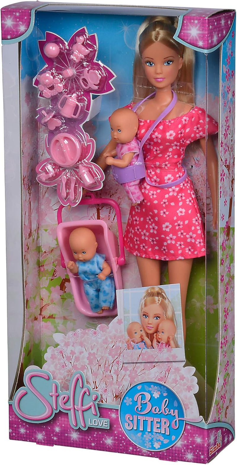Simba 105730211 - Steffi Love Nanny, con due bambini, marsupio e seggiolino auto, accessori, bambola da vestire, 29 cm, per bambini dai 3 anni in su